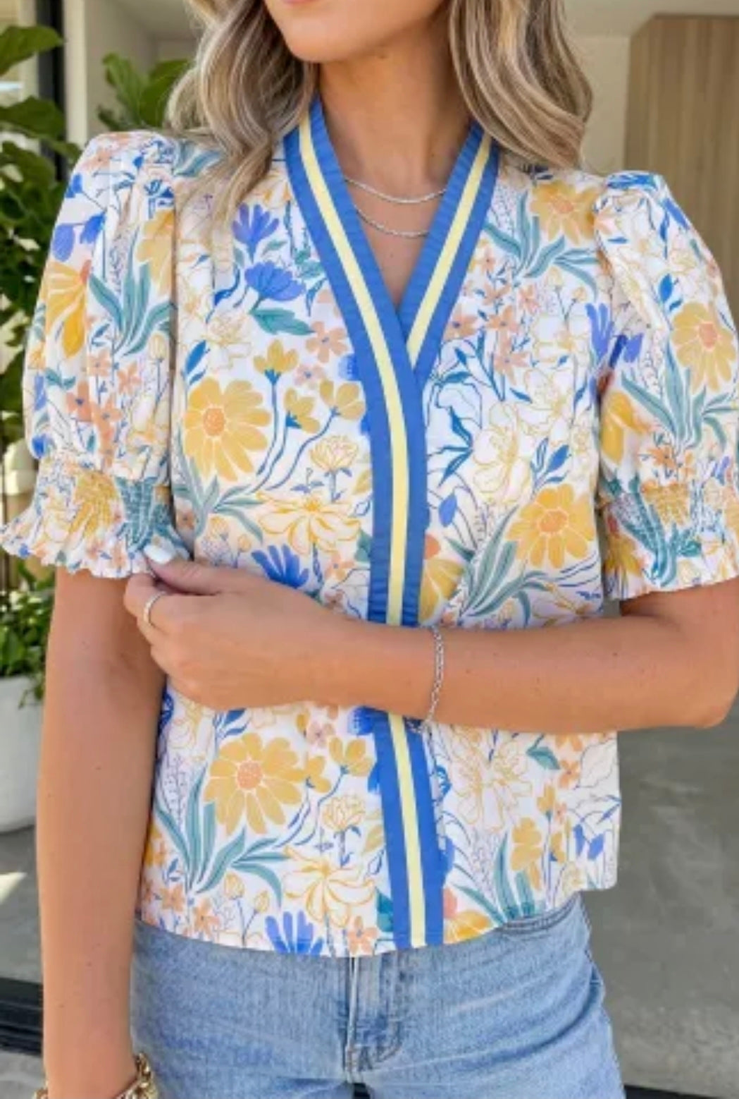 Yellow Floral Print Striped Trim V Neck Puff Sleeve Blouse