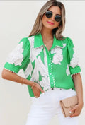 Green Floral Ric Rac Edge Puff Sleeve Button Up Shirt