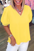 Yellow Solid Color V Neck Short Puff Sleeve Blouse