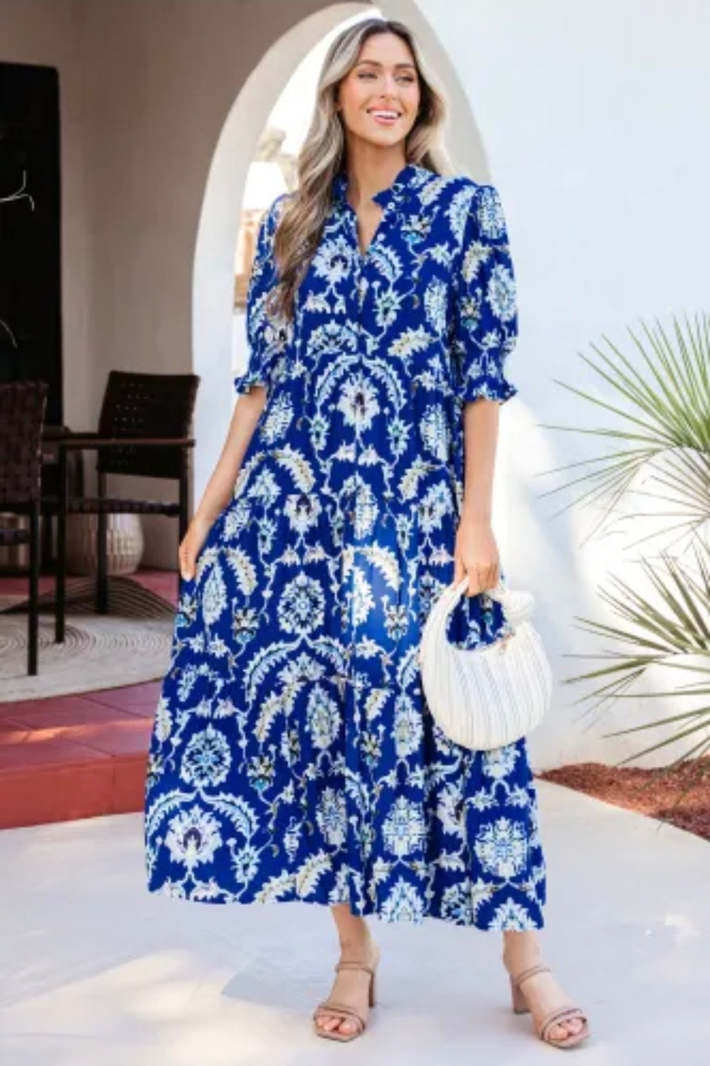 Blue Wild Floral Print Frilled Collar Half Sleeve Long Dress